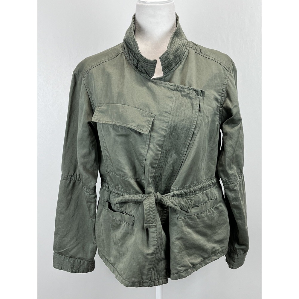 Lou & Grey Utility Jacket Sz Small Army Green Linen Blend Asymmetrical Military